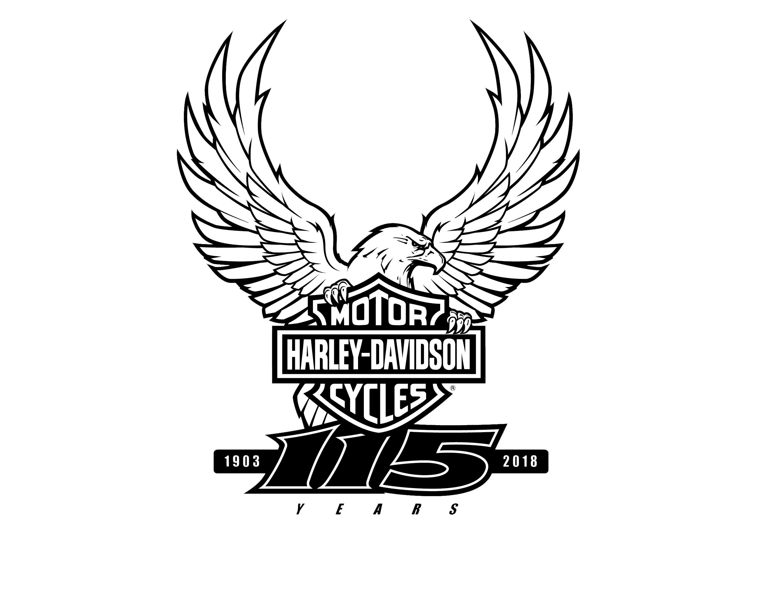 Logotip commemoratiu dels 115 anys d’història amb l’icònic emblema de H-D acompanyat de l’àguila